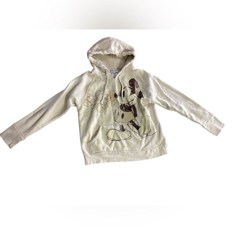Disney Mickey‎ Mouse Y2K Cream Hooded Sweatshirt Womens Large Walt Disney World